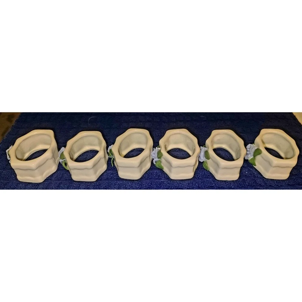 Set of 6 Vintage Porcelain Napkin Rings 3D Blue Rosettes‎ Floral Cream Hexagon